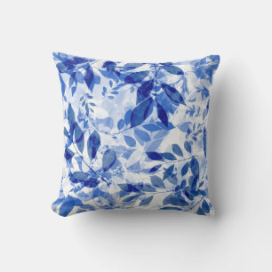 Almofada Abstrato Azul e Folhas Brancas
