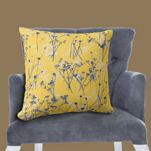 Almofada Abstrato Azul Elegante Flores Selvagens Amarelo-de