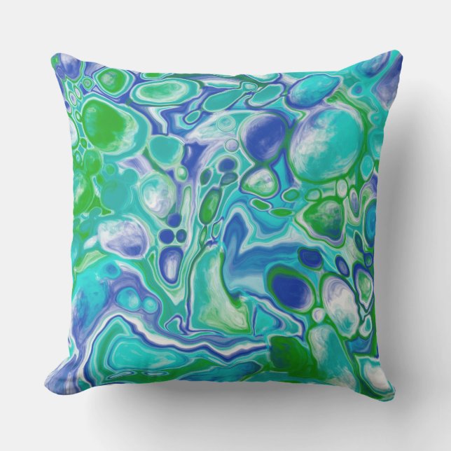 Almofada Abstrato de Arte Fluida Marble Azul e Verde (Frente)