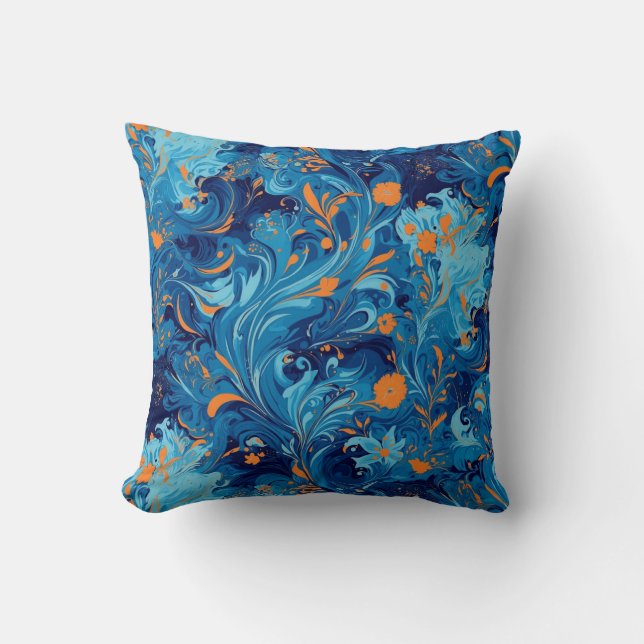 Almofada Abstrato em floral azul e laranja (Frente)