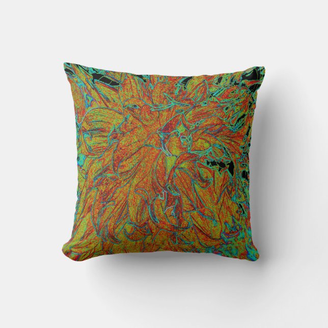 Almofada Abstrato Flor de Dália Laranja Queimada e Verde (Frente)