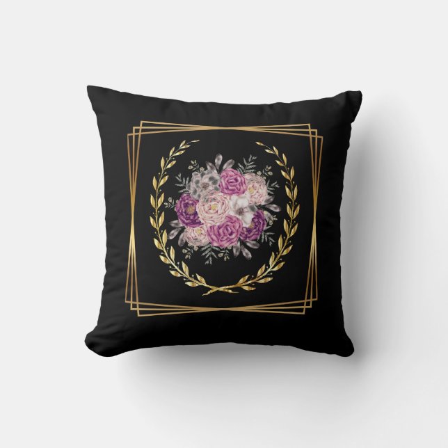 Almofada Abstrato Floral Boho Roxo Ouro Preto Tendência (Frente)