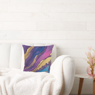 Almofada Abstrato-Flow Art-Blue Pink Roxo e Dourado-