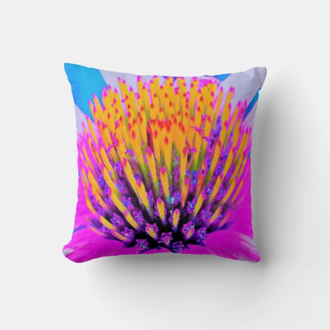 Almofada Abstrato Macro Rosa Quente e Amarelo Coneflower (Frente)