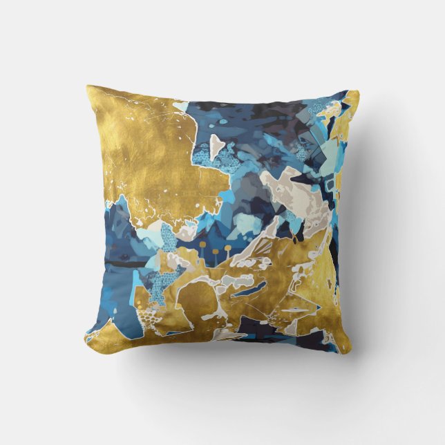 Almofada Abstrato, moderno, colagem, ouro, marinho azul (Frente)