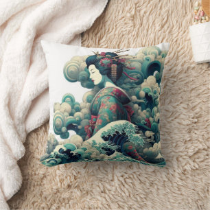 Almofada Abstrato Oriental Geisha Kanagawa ondas nuvens