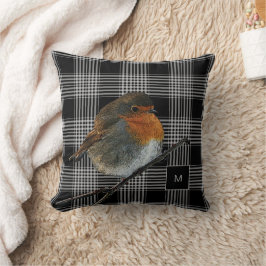 Almofada Abstrato robin bird em monograma branco preto