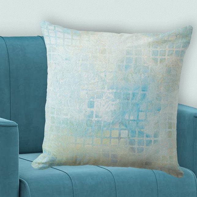 Almofada Abstrato Seafoam Travesseiro de padrão verificado (Pillow featuring a checkered pattern in turquoise blue, off white and pale green - beach house)