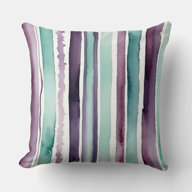 Almofada abstrato verde e púrpura das faixas de aquarelas (Frente)