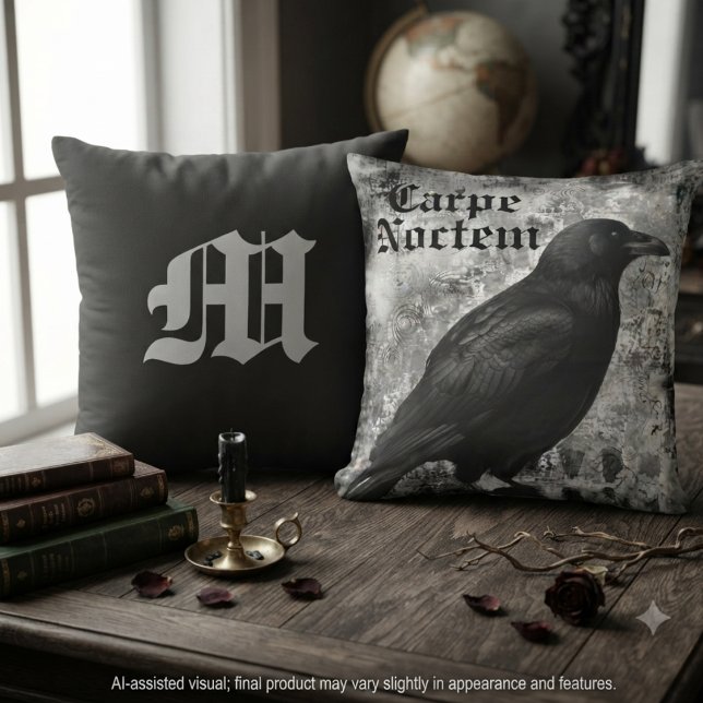 Almofada Academia Sombria Corvo Gótico Ônix (Gothic raven throw pillow for dark academia fans and moody home decor styling.)