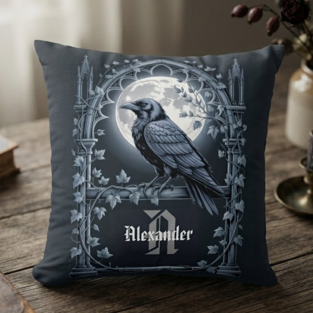 Almofada Academia Sombria Ônix Gótico Corvo (Gothic raven throw pillow for dark academia fans styling a moody reading nook.)