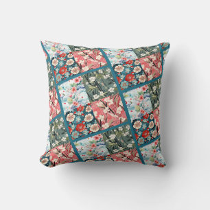 Almofada Acento Floral Japonês de Patchwork Vibrante para C