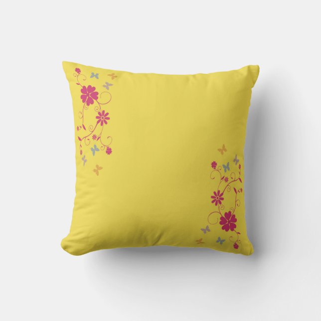 Almofada Acentos de Floral e Borboleta Branca em Amarelo (Frente)