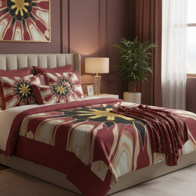 Almofada Achempong: Starburst | Creme Dourado Carmesim Prof (The final touch of tranquility: A lavish bed dressed with an Achempong custom duvet cover, layered)