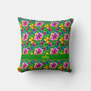 Almofada Adicionar Nome Texto Tropical Hibiscus Flor Selva