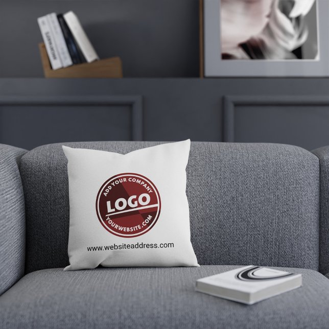 Almofada Adicionar Promocional personalizado do proprietári (Business Round Logo Maroon Throw Pillow)