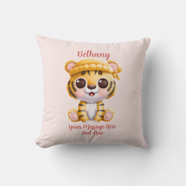 Almofada Adicionar texto de nome, bebê tigre com chapéu em  (Frente)