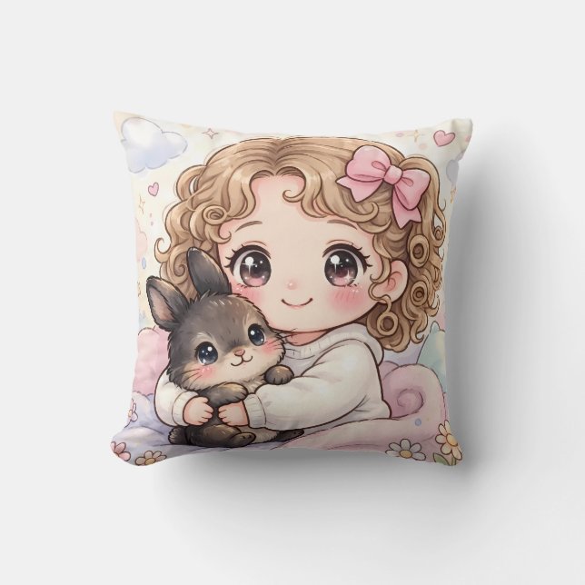 Almofada Adorable Niña con su Conejito Kawaii (Frente)
