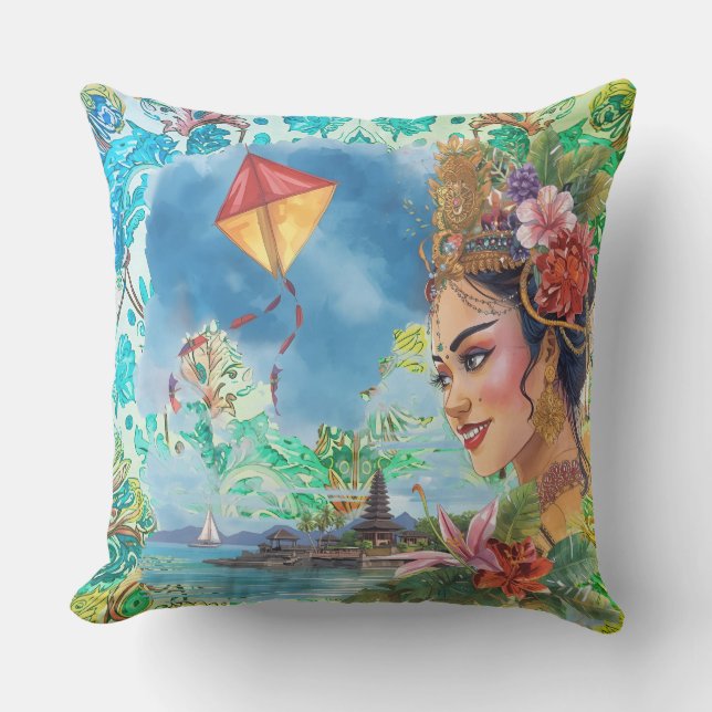 Almofada Adorável dançarina de Bali e padrão tropical (Frente)