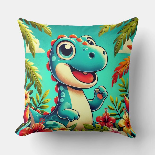 Almofada Adorável Dinossauro de Desenho Animado Quarto Trop (Frente)
