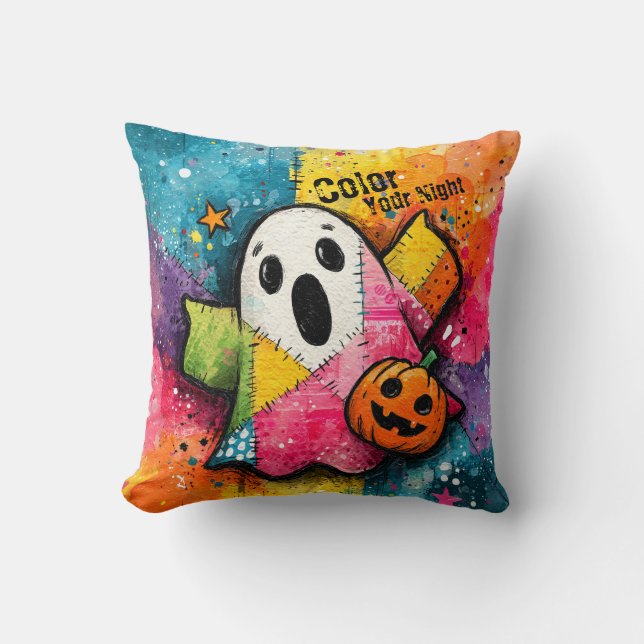 Almofada Adorável Fantasma de Patchwork Arte Colorida (Frente)