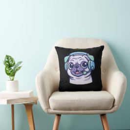 Almofada Adorável Pug Gamer Verde Ácido Sala de Jogos Preta