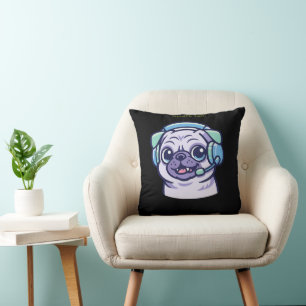 Almofada Adorável Pug Gamer Verde Ácido Sala de Jogos Preta