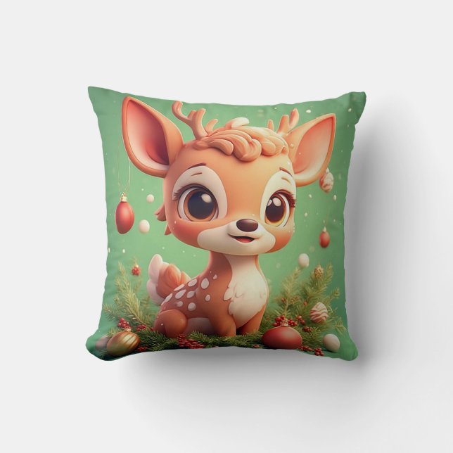 Almofada Adorável Veado de Desenho Animado em um Natal Fest (Frente)