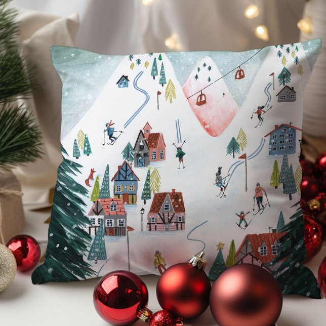 Almofada Adorável vila de patinação nórdica (Cute Nordic skating Village Throw Pillow)