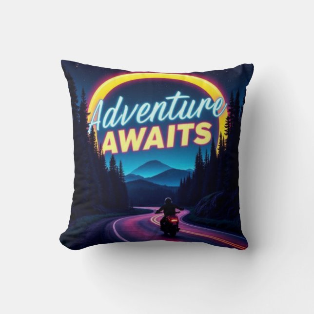 Almofada Adventure Awaits Neon Motorcycle Throw Pillow (Frente)