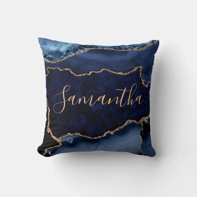 Almofada Ágata Marmorele com Brilho Azul Naval e Dourado Fa (Frente)