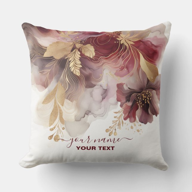 Almofada Agato floral de Borgonha e Glitter Dourado (Frente)