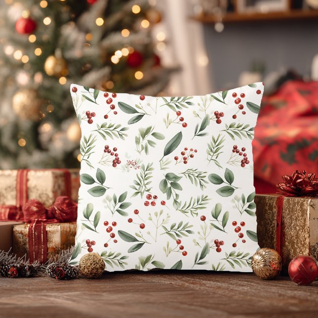 Almofada Aguarela de Folhagem de Natal e Bagas Vermelhas (Christmas Greenery & Red Berries Watercolor Throw Pillow)