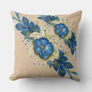 Almofada Aguarela Floral Coroa Azul Pintada à Mão Branca