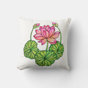 Almofada Aguarela Lotus cor-de-rosa com botões & folhas