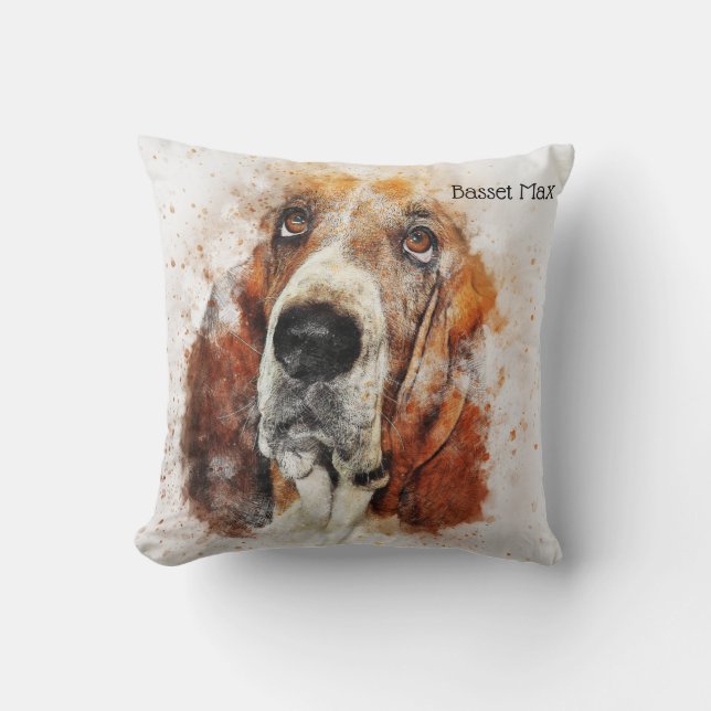 Almofada Aguarela na moda Basset Hound personalizado (Frente)
