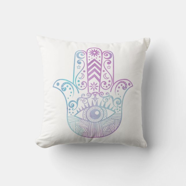 Almofada Aguarela roxa e azul da mão de Hamsa (Frente)