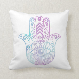 Almofada Aguarela roxa e azul da mão de Hamsa