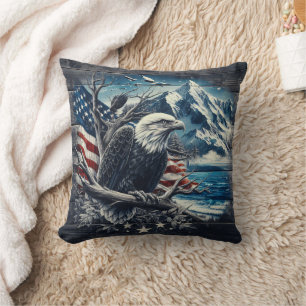 Almofada Águia magnífica com bandeira e montanhas americana