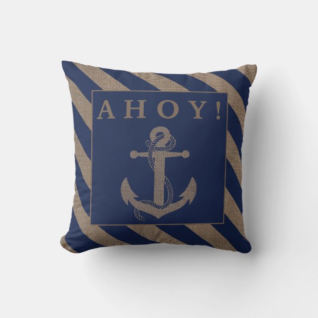 Almofada Ahoy! Marinho de Âncora Náutica - Tiras Azuis e Bu (Frente)