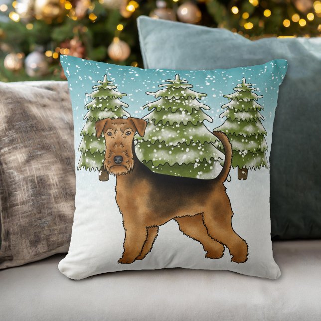 Almofada Airedale Terrier Dog Em Snowy Winter Forest Cute (Please note: This image is a digital mockup. The product may not be in scale.)