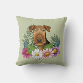 Almofada Airedale Terrier E Flores Coloridas De Verão Verde