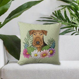 Almofada Airedale Terrier E Flores De Verão Coloridas Verde