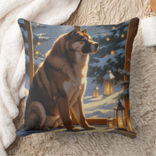 Almofada Akita Americano com Luzes de Natal Feriado