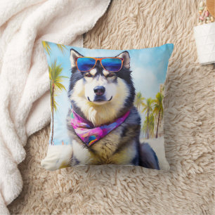 Almofada Alaskan Malamute na praia, presente de verão