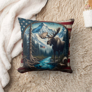 Almofada Alce na Paisagem Montanhosa com Bandeira Americana