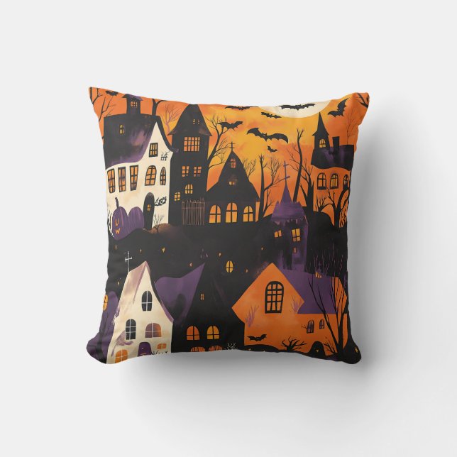 Almofada Aldeia Assombrada Halloween Roxo Laranja Assustado (Frente)