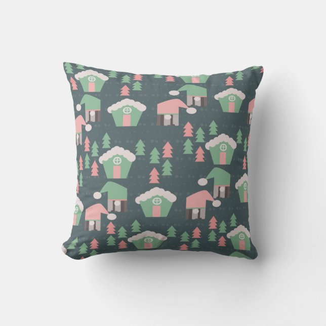 Almofada Aldeia de Gnomos de Natal Rosa Casas de Pão de Mel (Frente)