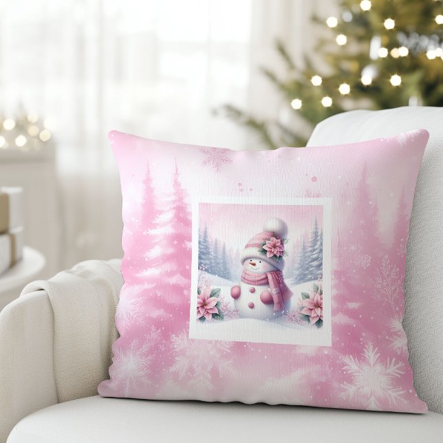 Almofada Alegre Cena de Inverno com Boneco de Neve Rosa Pre (Charming Pink Snowman Winter Scene Kids Gift Pillow

)