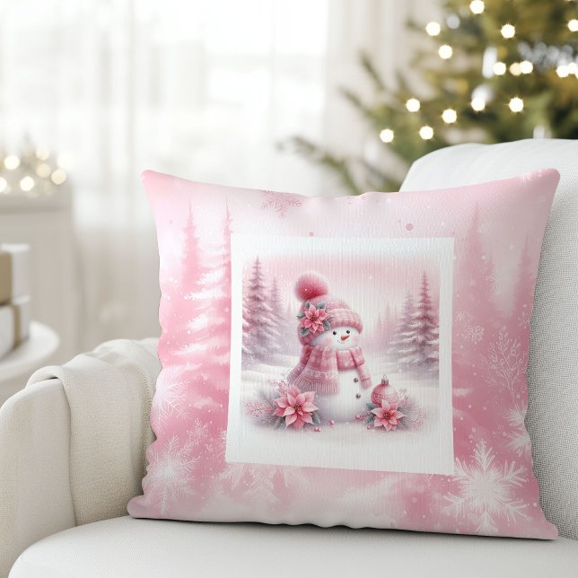 Almofada Alegre Travesseiro de Neve Rosa Estilo de Sala de  (Charming Pink Snowman Pillow Winter Room Style)